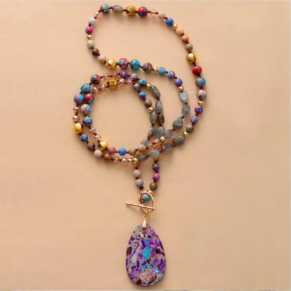 Goldtone Purple Terrazo Oval Jasper & Agate Beaded Long Toggle Necklace - White