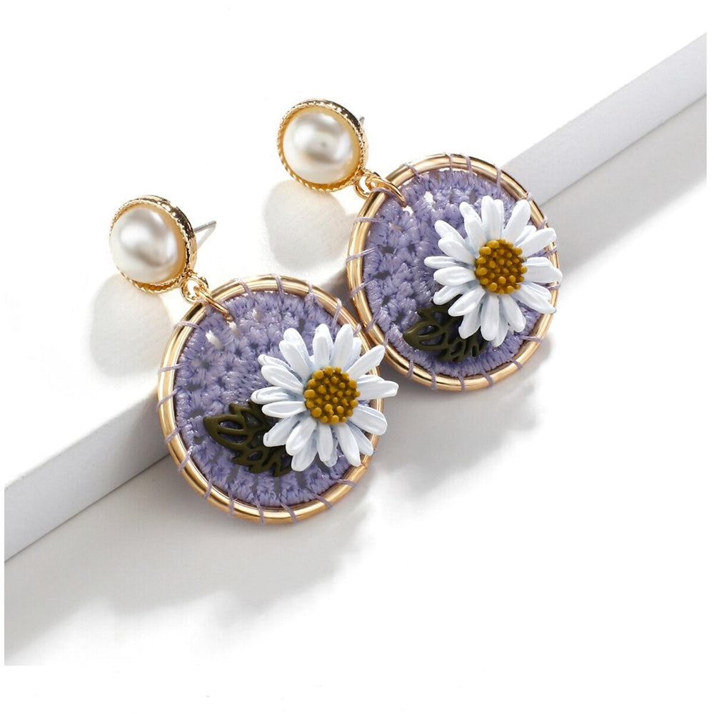 Goldtone Purple Woven Daisy Drop Earrings