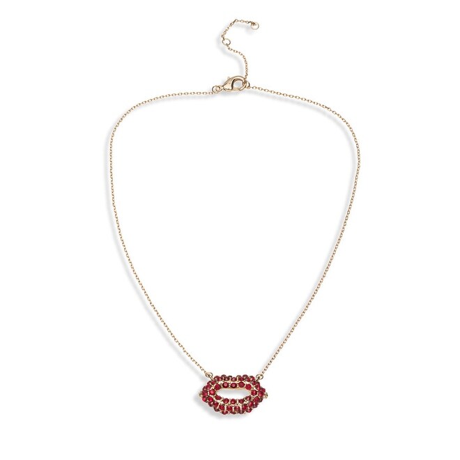 Goldtone Red Crystal Lips Pendant Necklace - White