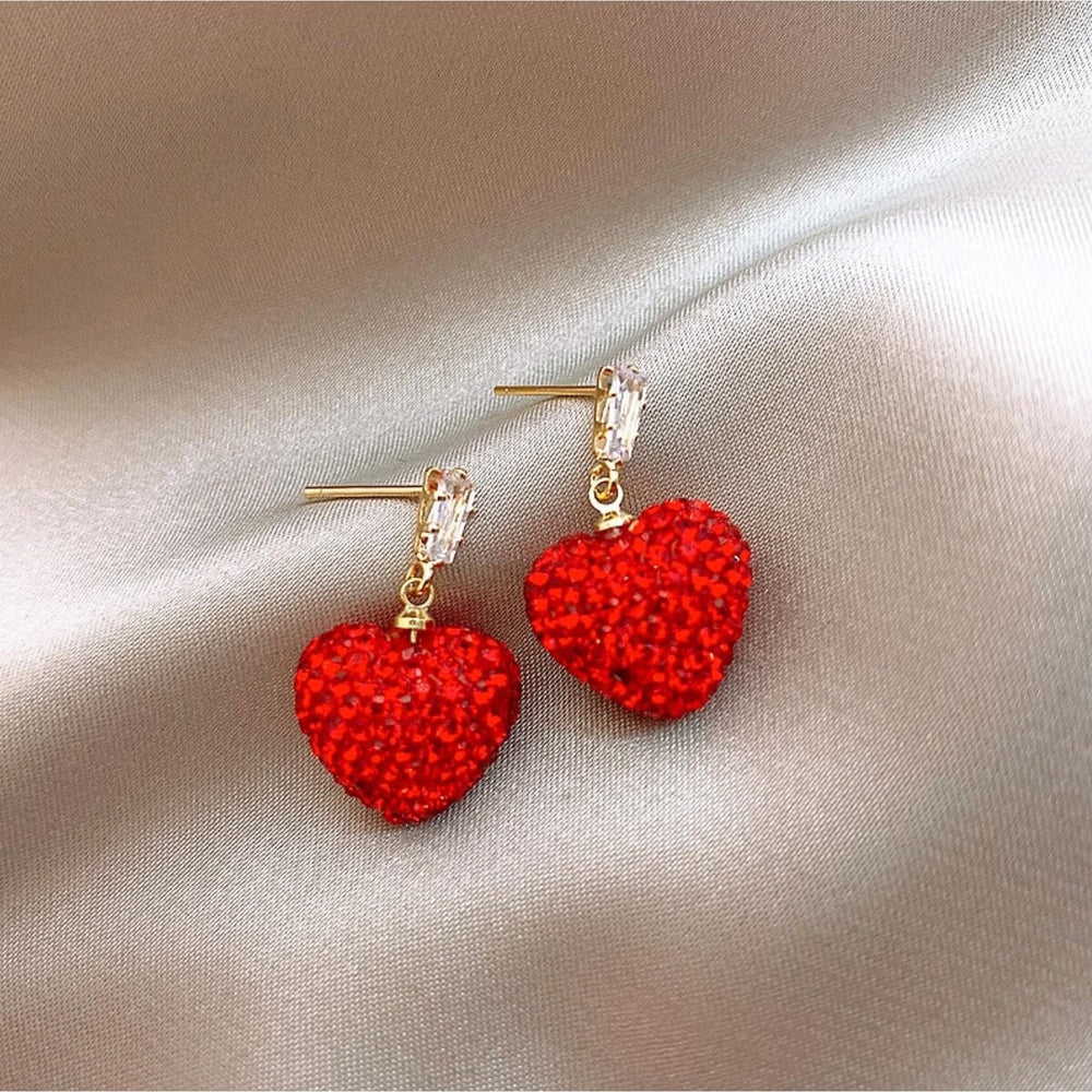 Goldtone Red Crystal Shamballa Heart Drop Earrings