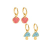 Goldtone Red Shell & Blue Mushroom Huggie Hoop Earrings Set