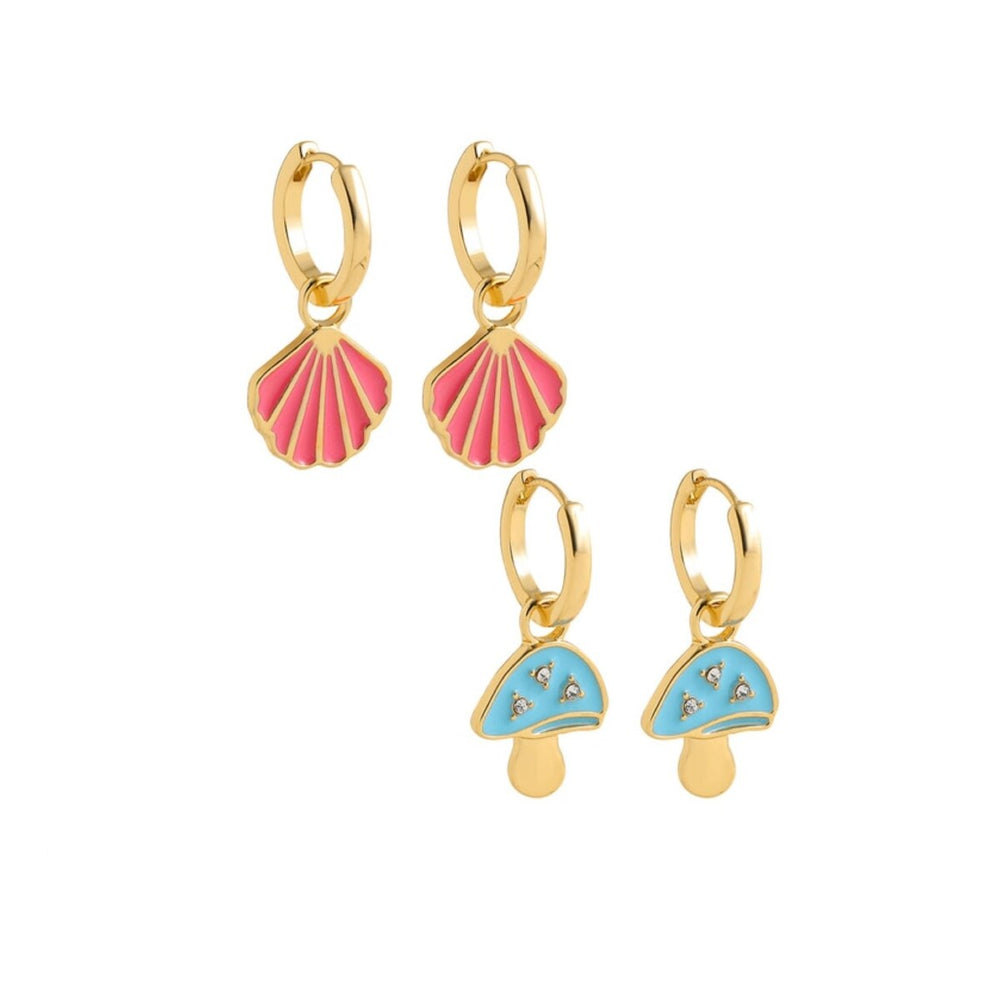 Goldtone Red Shell & Blue Mushroom Huggie Hoop Earrings Set