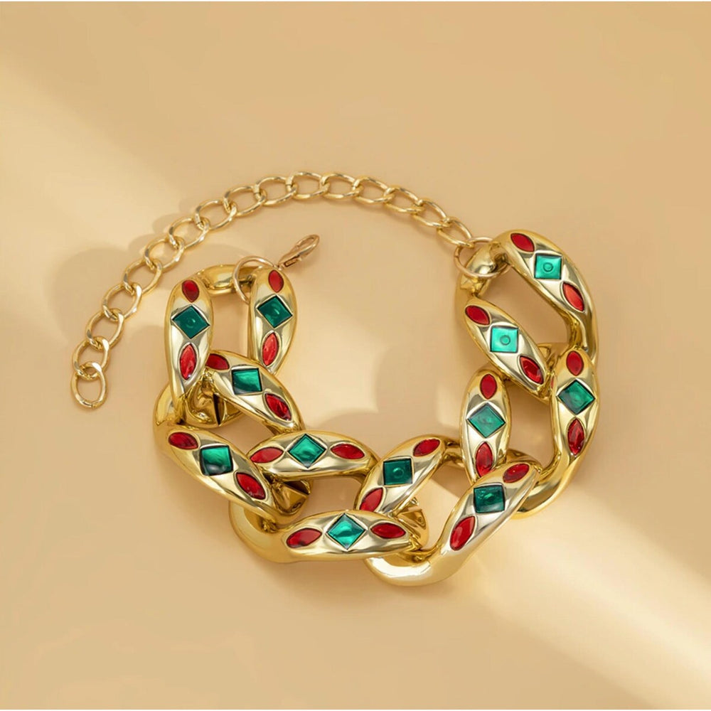 Goldtone Red & Green Embellished Chunky Chain Link Chocker Necklace - White