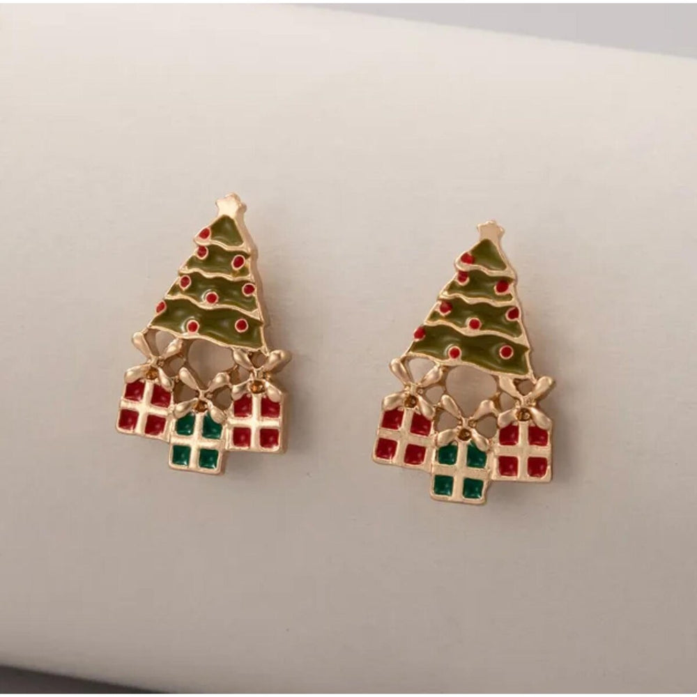 Goldtone Red & Green Presents under the Christmas Tree Stud Earrings