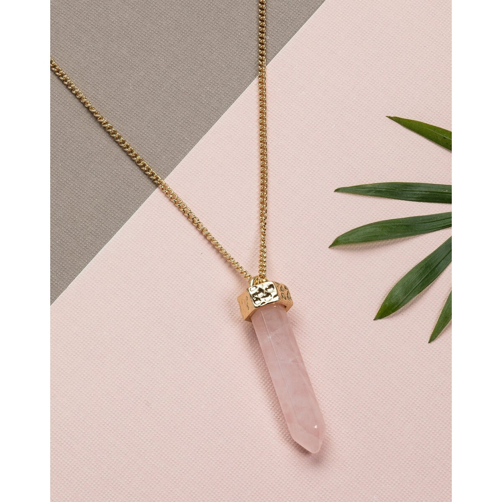 Goldtone Rose Quartz Prism Crystal Pendant Necklace - White