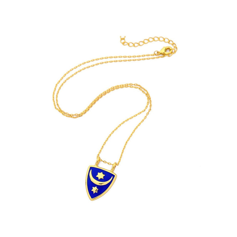 Goldtone Royal Blue Moon And Stars Shield Pendant Necklace - White