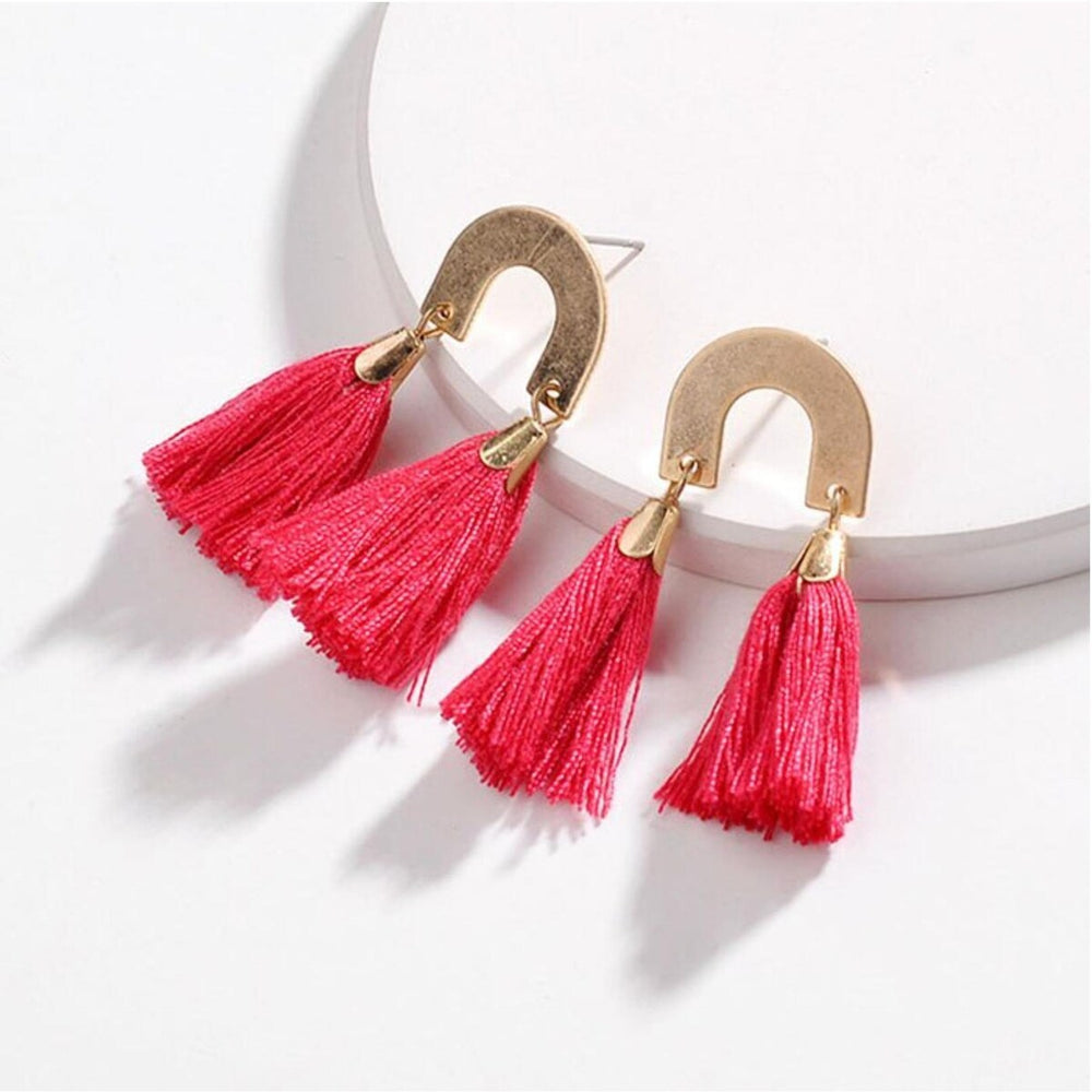 Goldtone Semi Circle Hot Pink Tassel Earrings