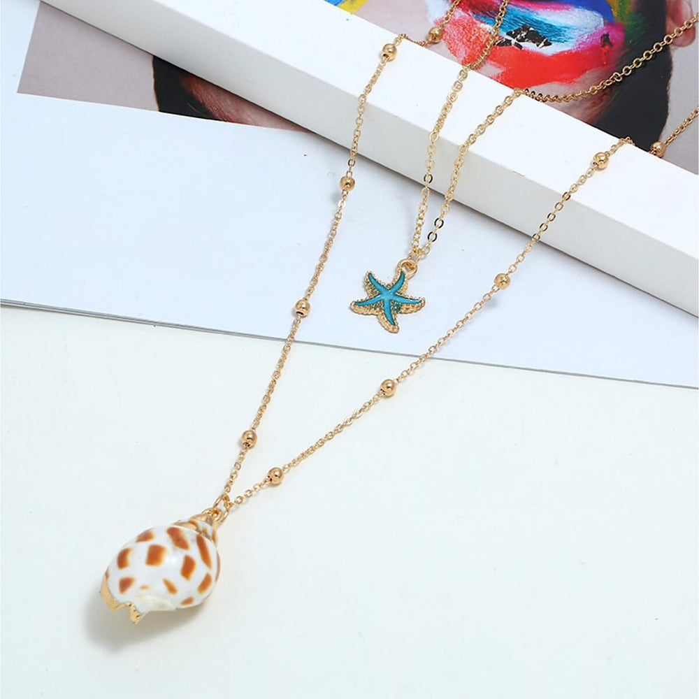 Goldtone Shell And Blue Starfish Layered Necklace - White