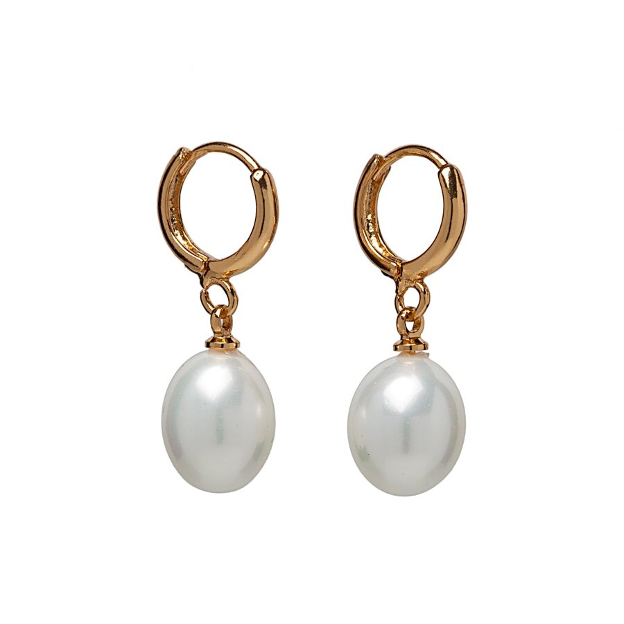 Goldtone Shell Pearl Huggie Hoop Drop Earrings - Goldtone Shell Pearl