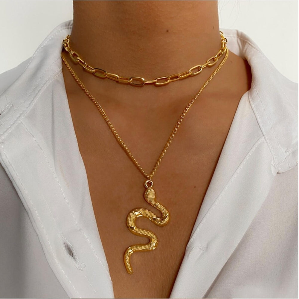 Goldtone Snake Layered Necklace - White