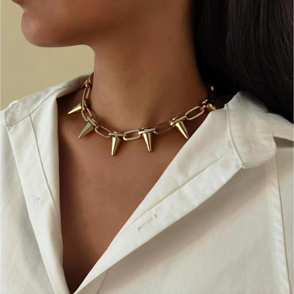 Goldtone Spiked Choker Necklace - White