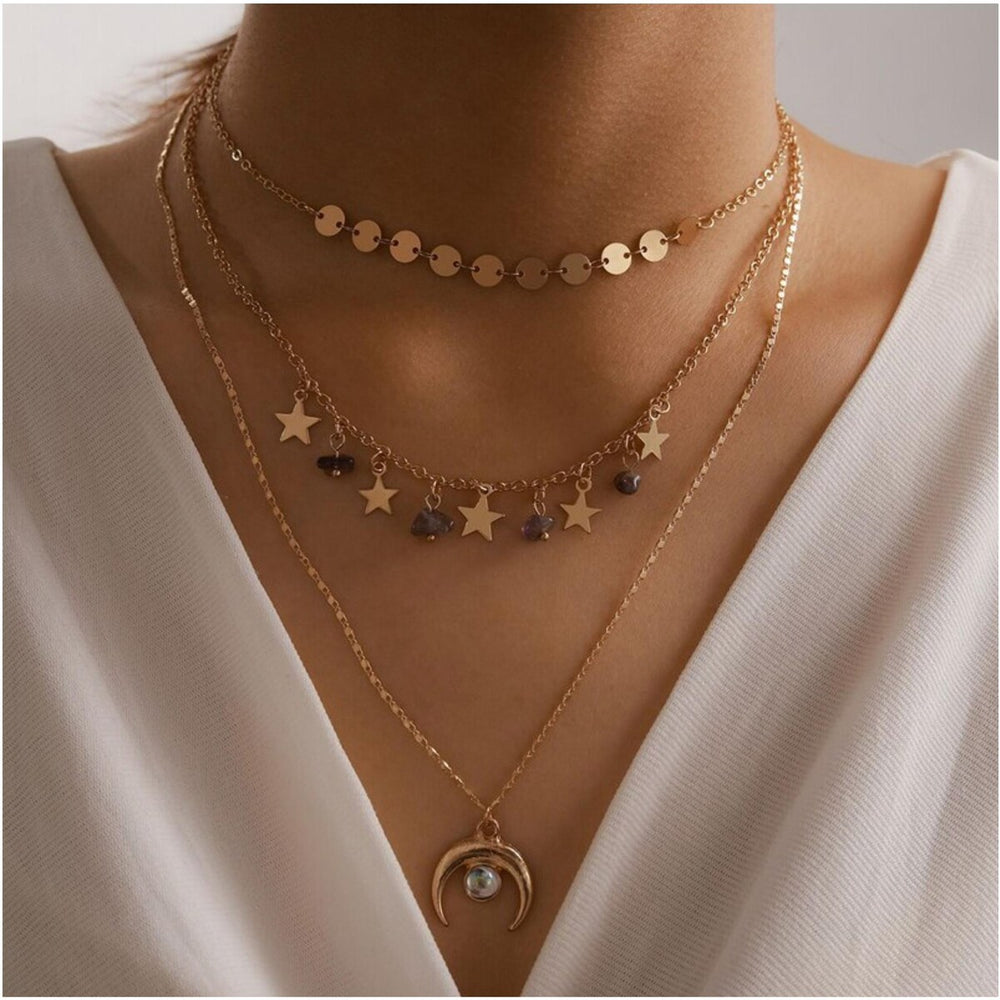 Goldtone Stars Moon Layered Necklace - White