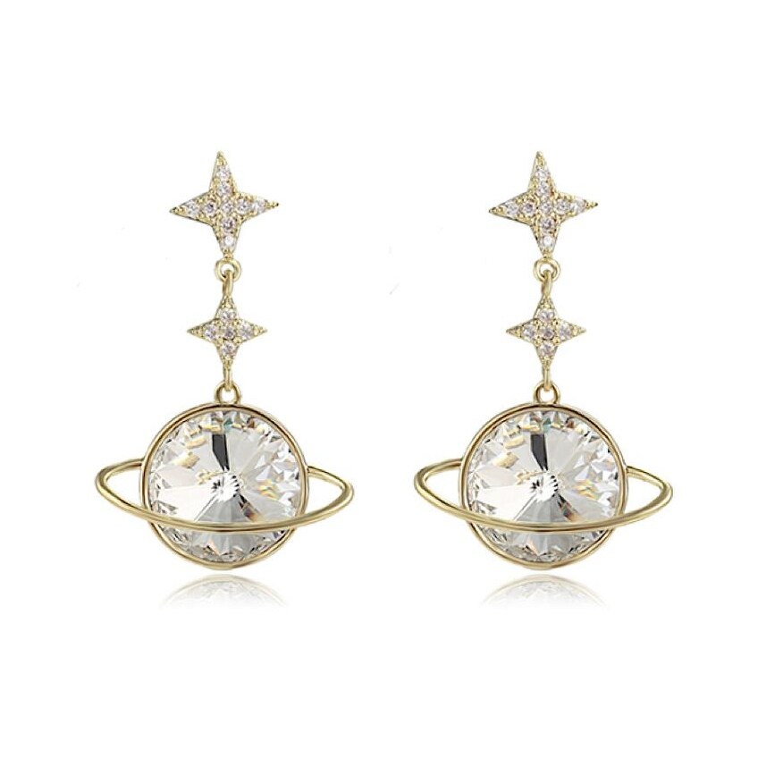 Goldtone Stars & Planet Swarovski Crystals Drop Earrings