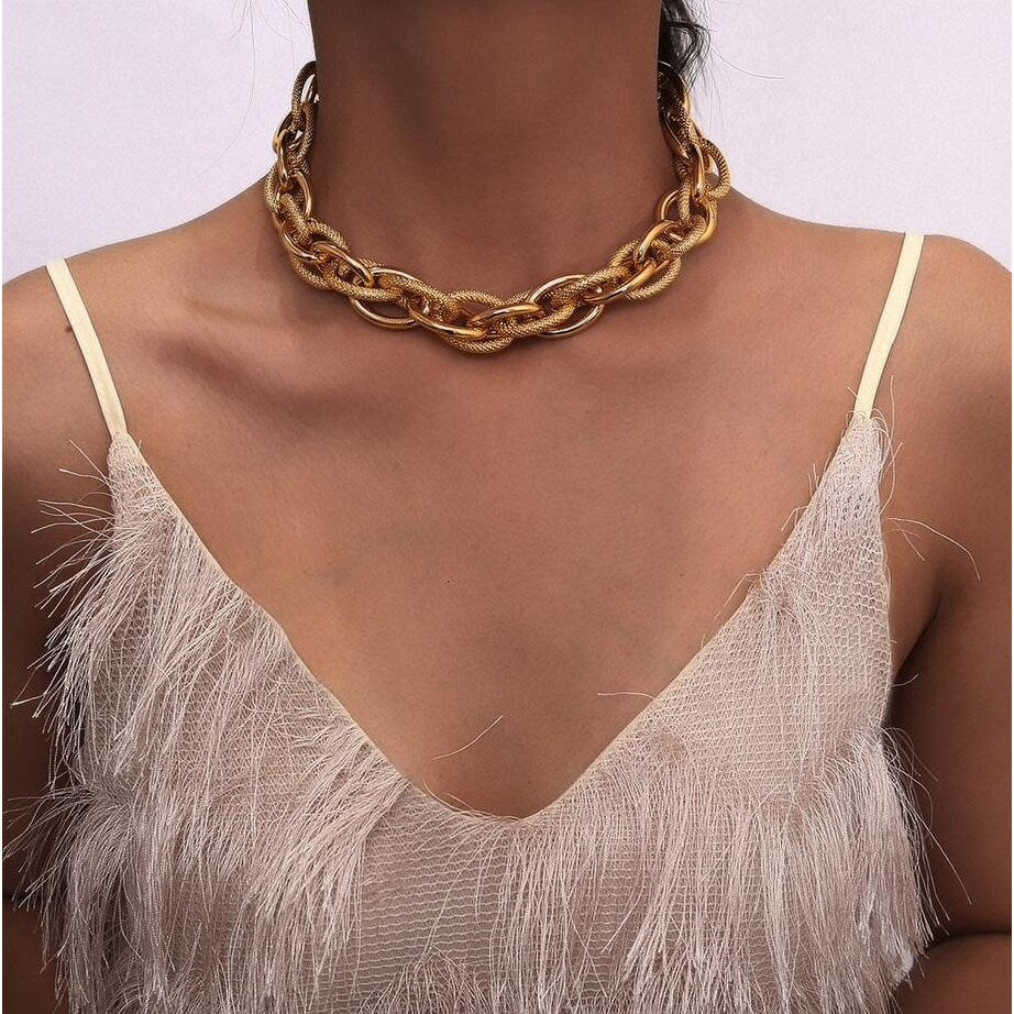 Goldtone Statement Chain Link Choker Necklace - White