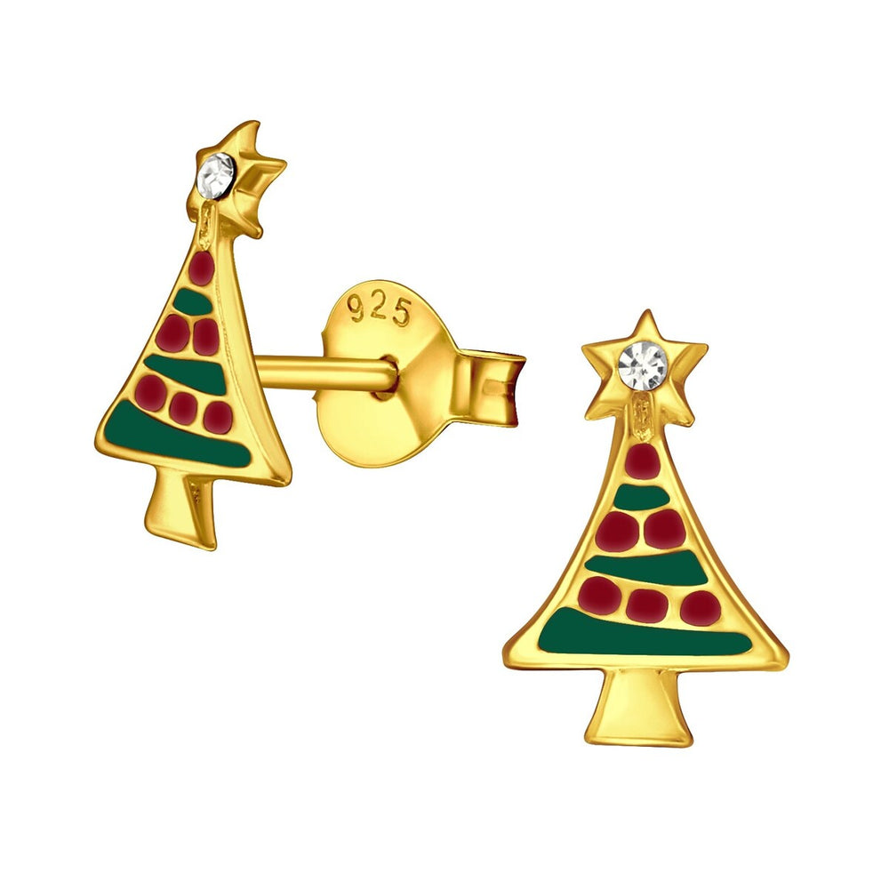 Goldtone Sterling Silver Red & Green Christmas Tree with CZ Star Dainty Stud Earrings