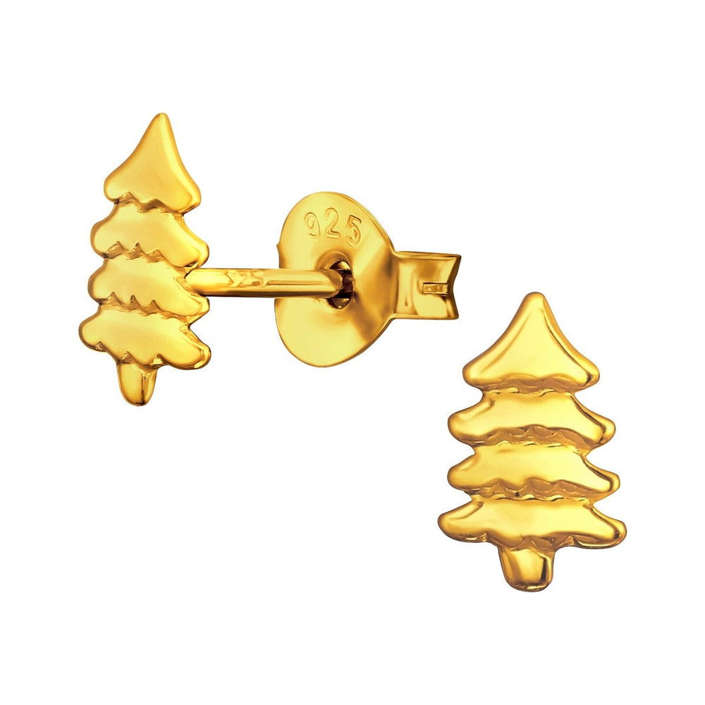 Goldtone Sterling Silver Snowy Christmas Tree Dainty Stud Earrings