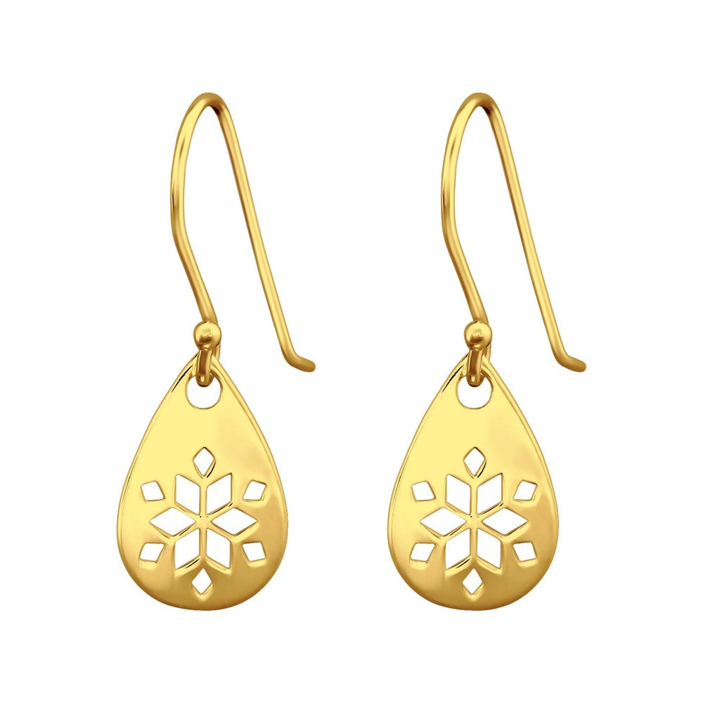 Goldtone Sterling Silver Teardrop Geometric Cut Out Snowflake Drop Earrings