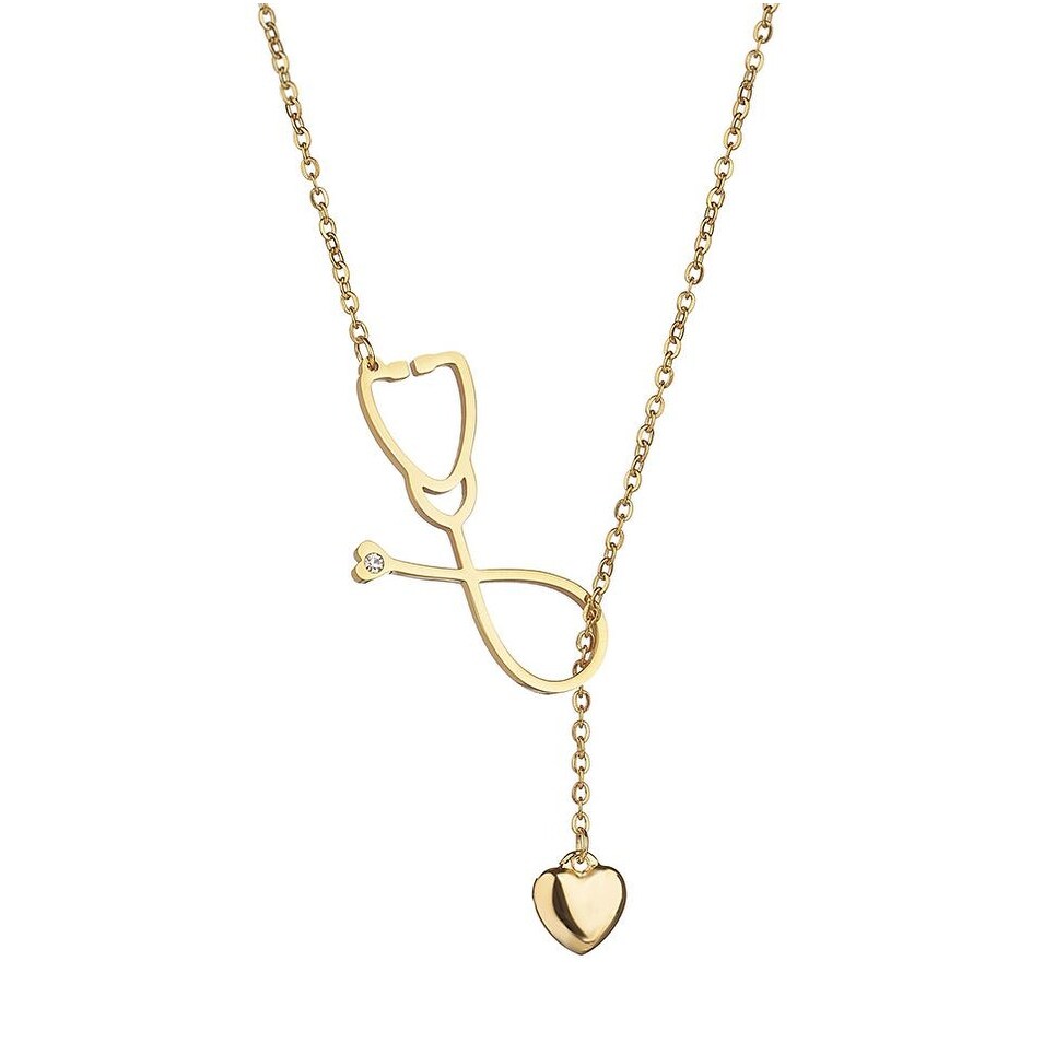 Goldtone Stethoscope Heart Lariat Necklace - White