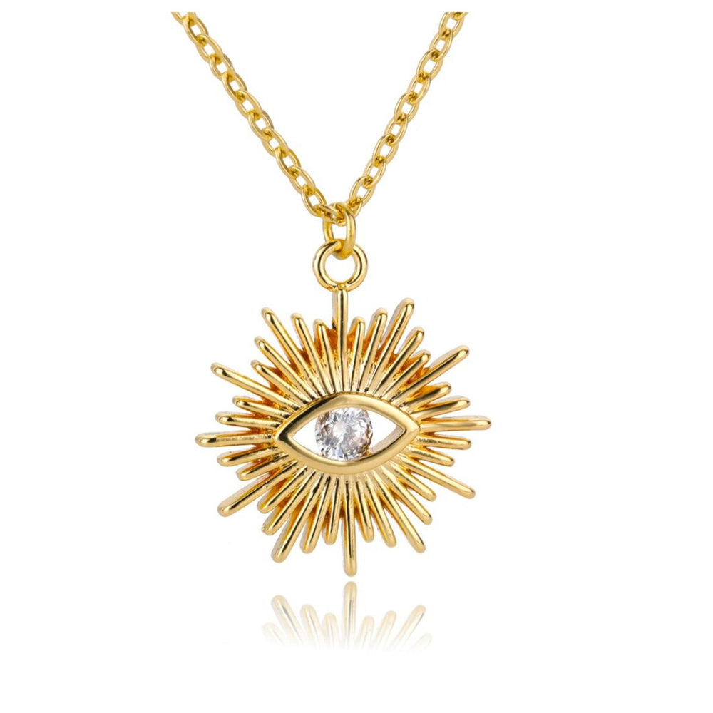 Goldtone Sun Crystal All Seeing Eye Pendant Necklace - White