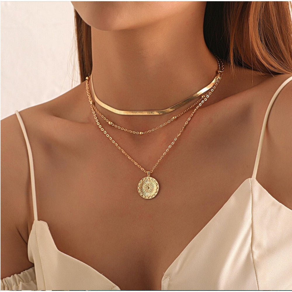 Goldtone Sunflower Layered Pendant Necklace - White