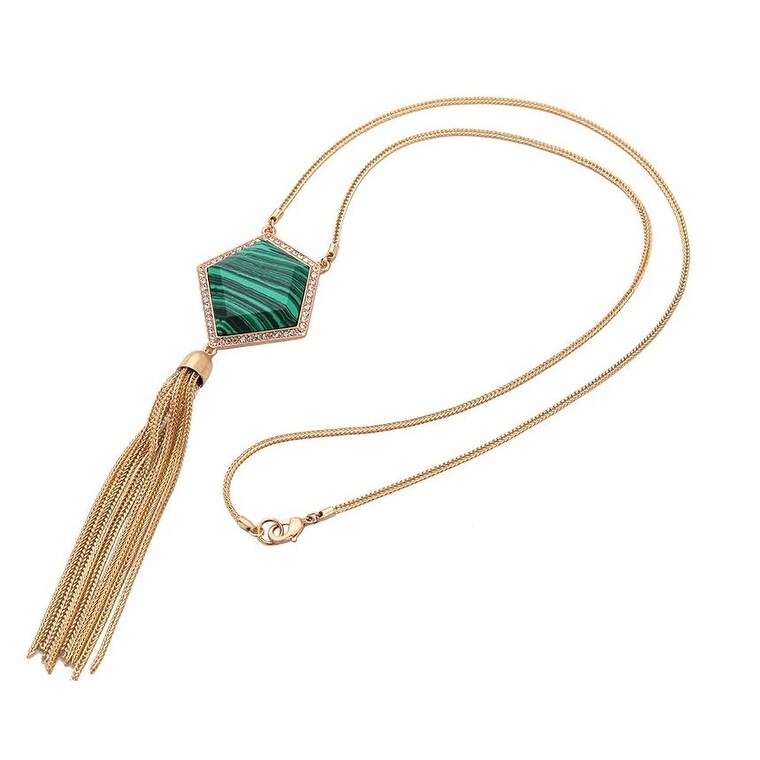 Goldtone Tasseled Green Long Necklace - White