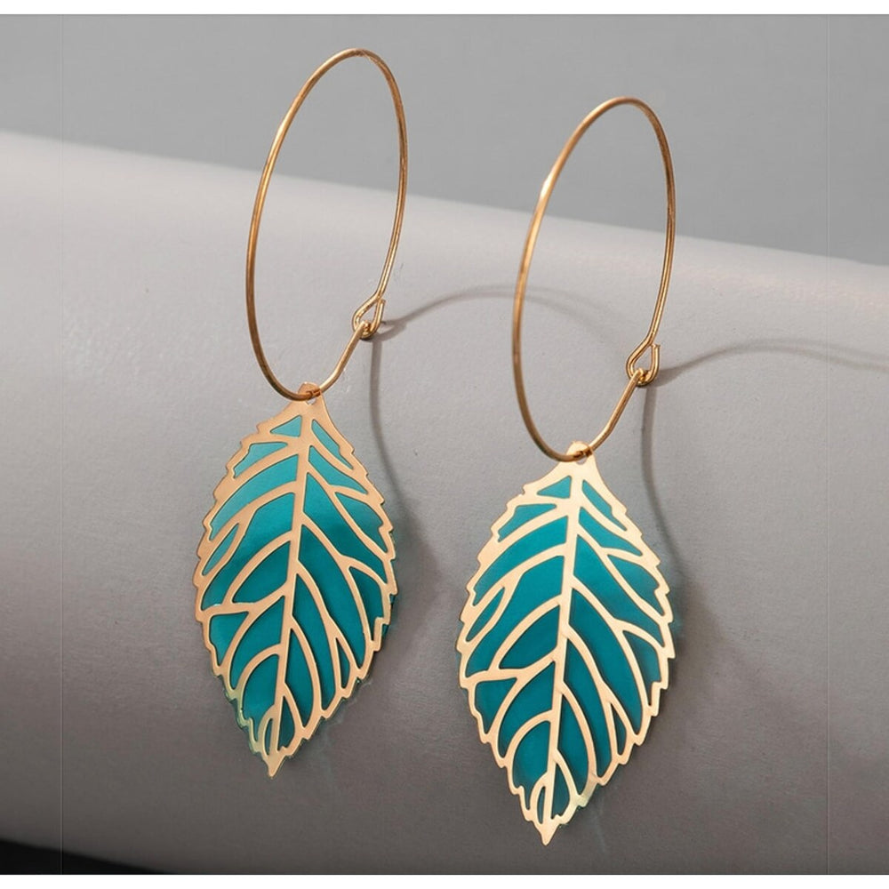 Goldtone Teal Leaf Hooped Earrings