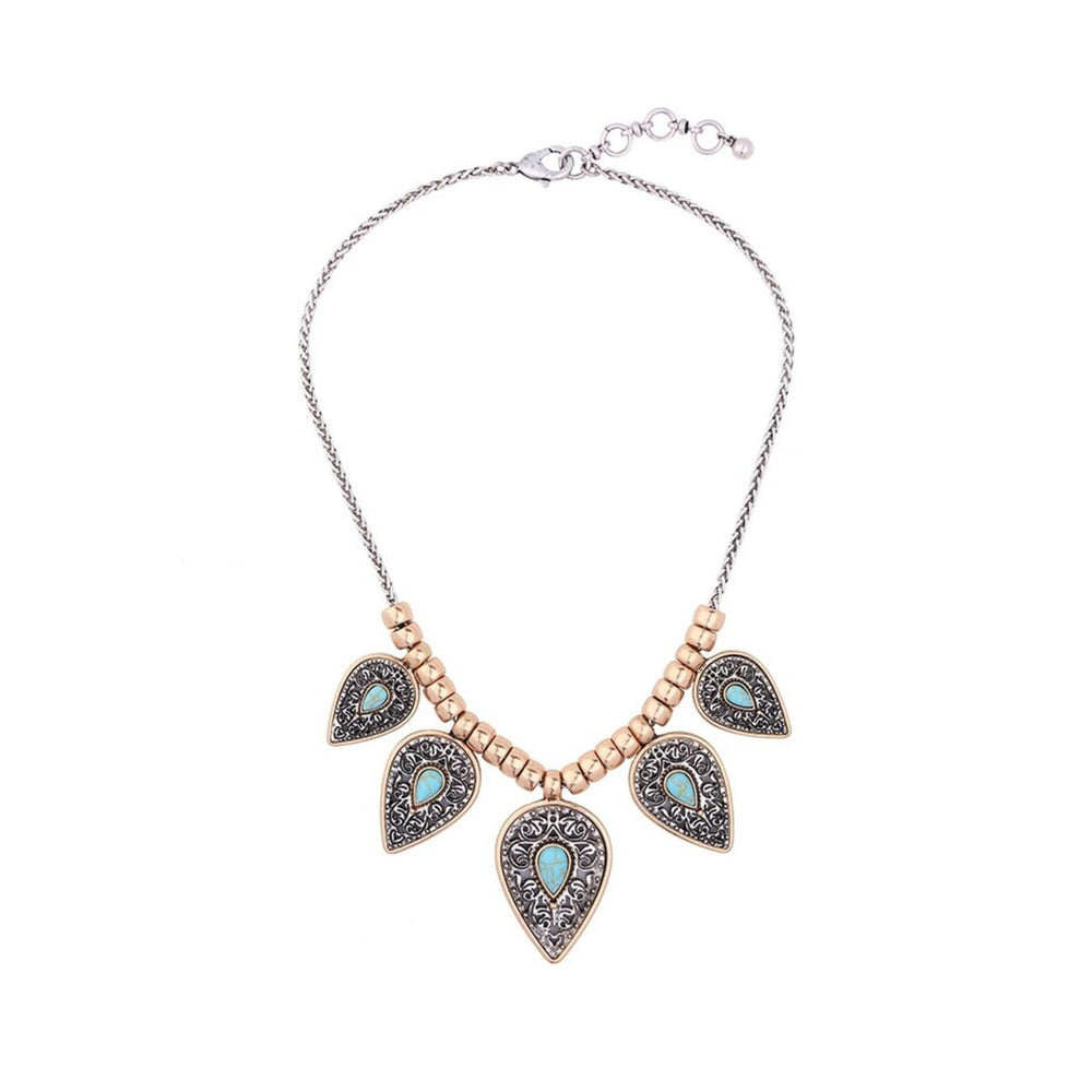 Goldtone Teal Ornate Leaves Statement Necklace - White