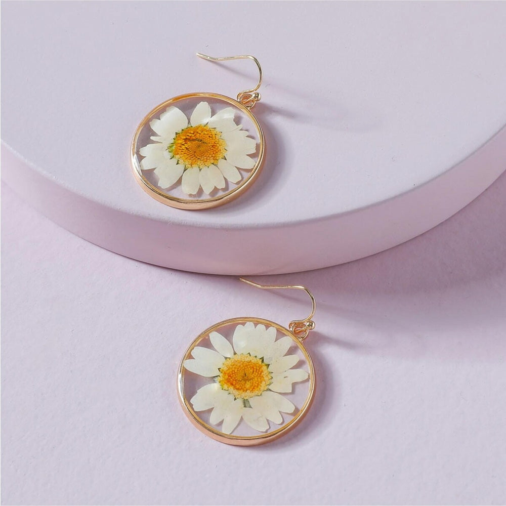 Goldtone Transparent Daisy Floral Circular Earrings