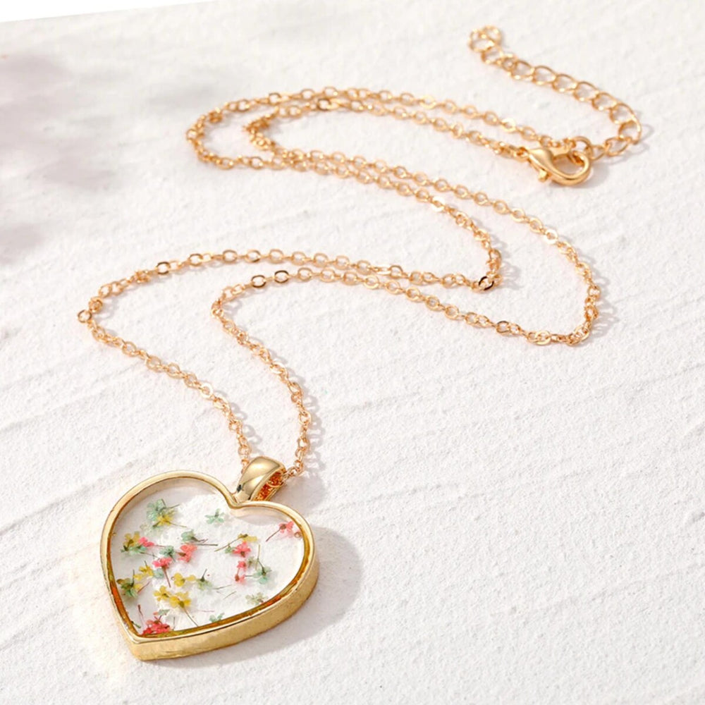 Goldtone Transparent Floral Heart Pendant Necklace - White