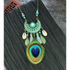 Goldtone Turquoise Boho Peacock Feather Necklace - White