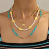 Goldtone Turquoise Chain Link And Pearl Layered Necklace - White