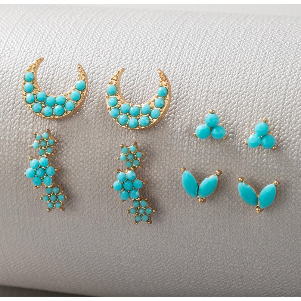 Goldtone Turquoise Crescent Moon Triplet Set Of 4 Stud Earrings