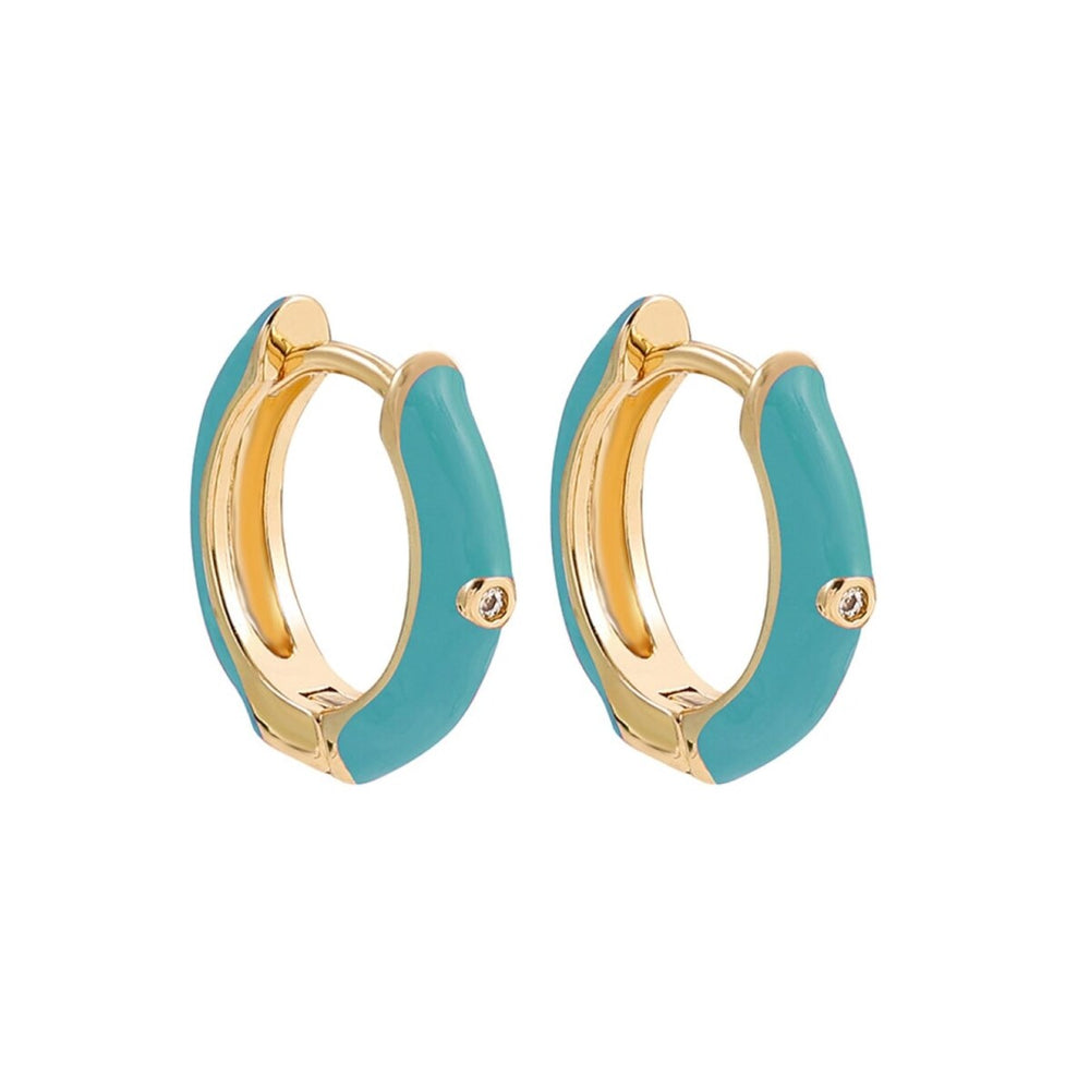 Goldtone Turquoise Huggie Hoop Earrings With Dainty Crystal