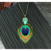 Goldtone Turquoise Teardrop Peacock Feather Necklace - White