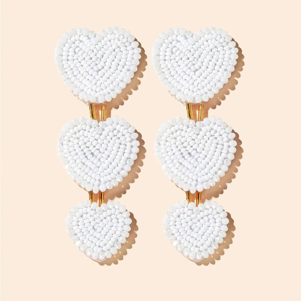 Goldtone White Beaded Triple Heart Drop Earrings