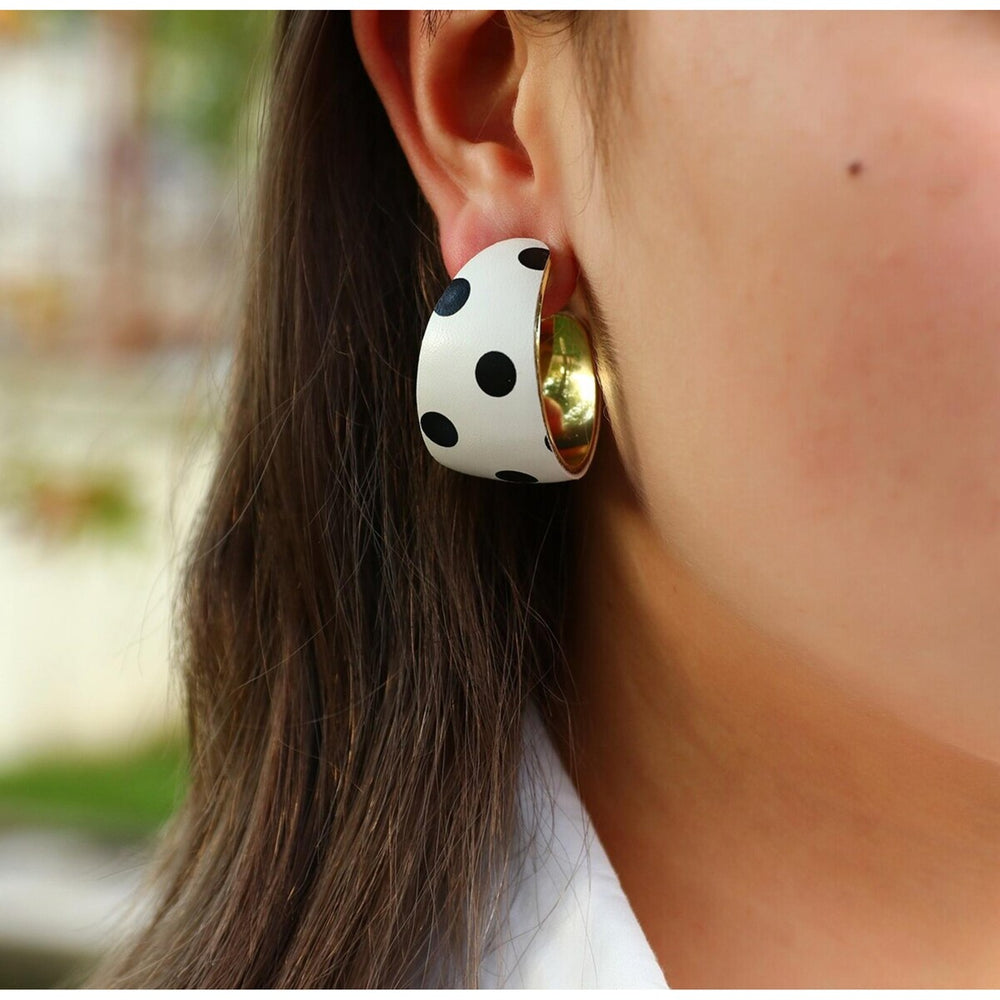 Goldtone White Black Dotted Hoop Earrings