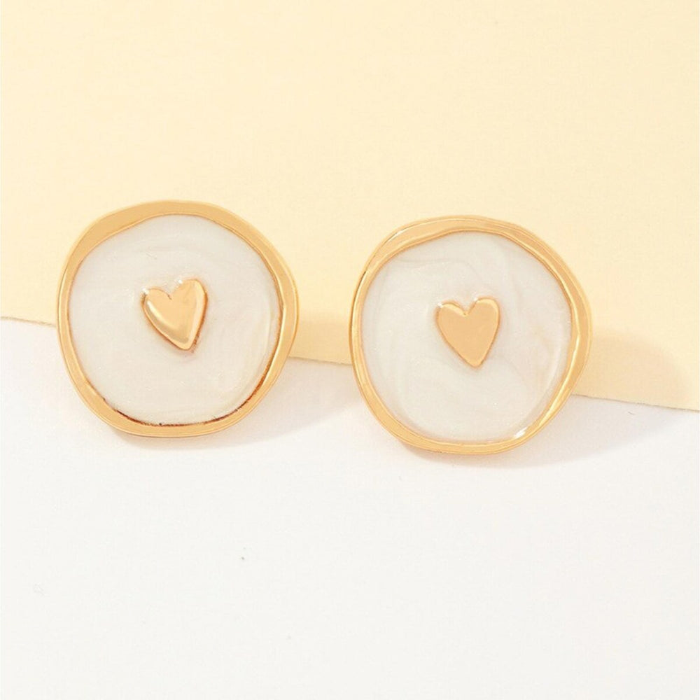 Goldtone White Circular Heart Stud Earrings