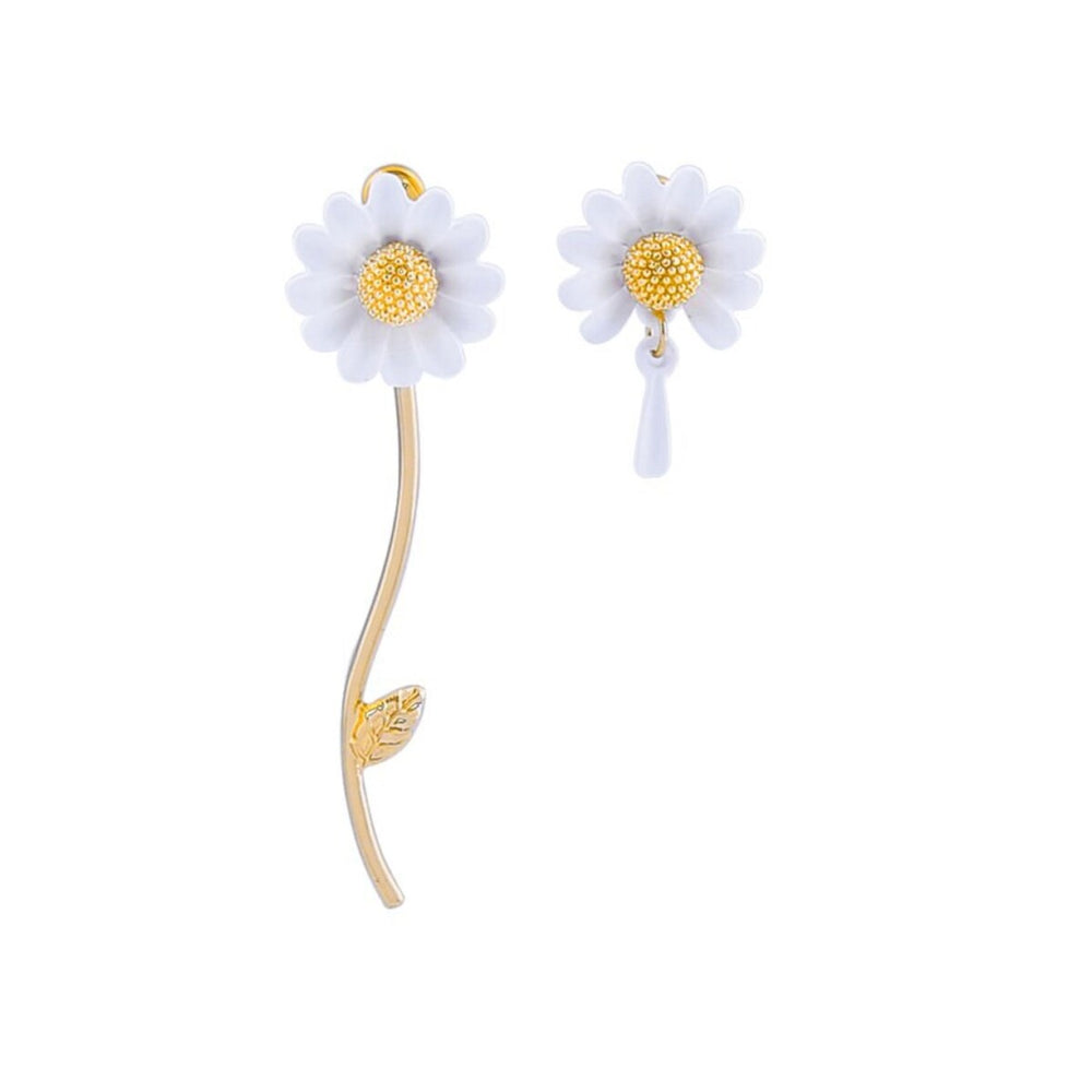 Goldtone White Daisy Asymmetrical Earrings