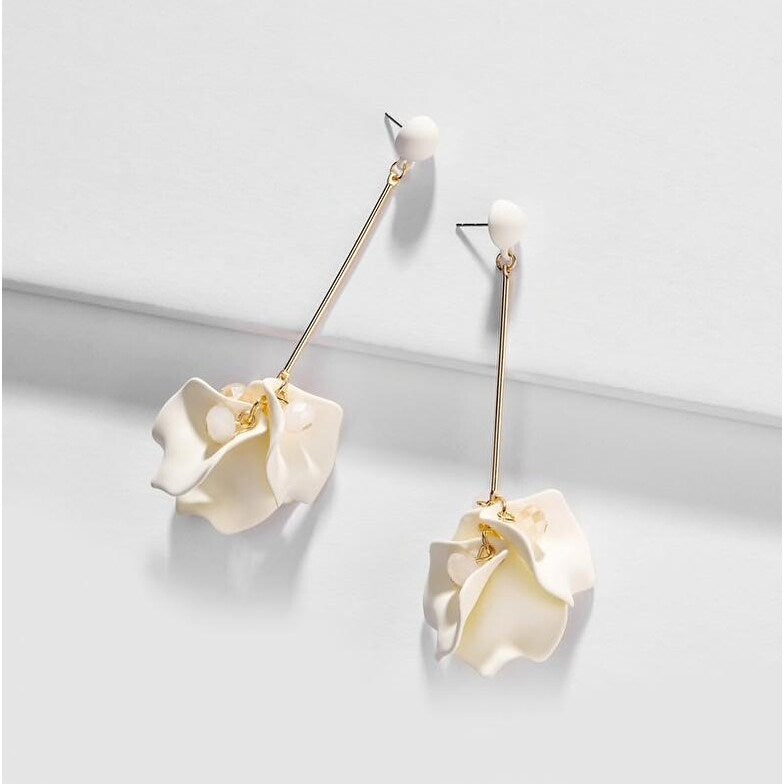 Goldtone White Floral Bar Drop Earrings