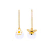 Goldtone White Flower And Bee Asymmetrical Drop Earrings