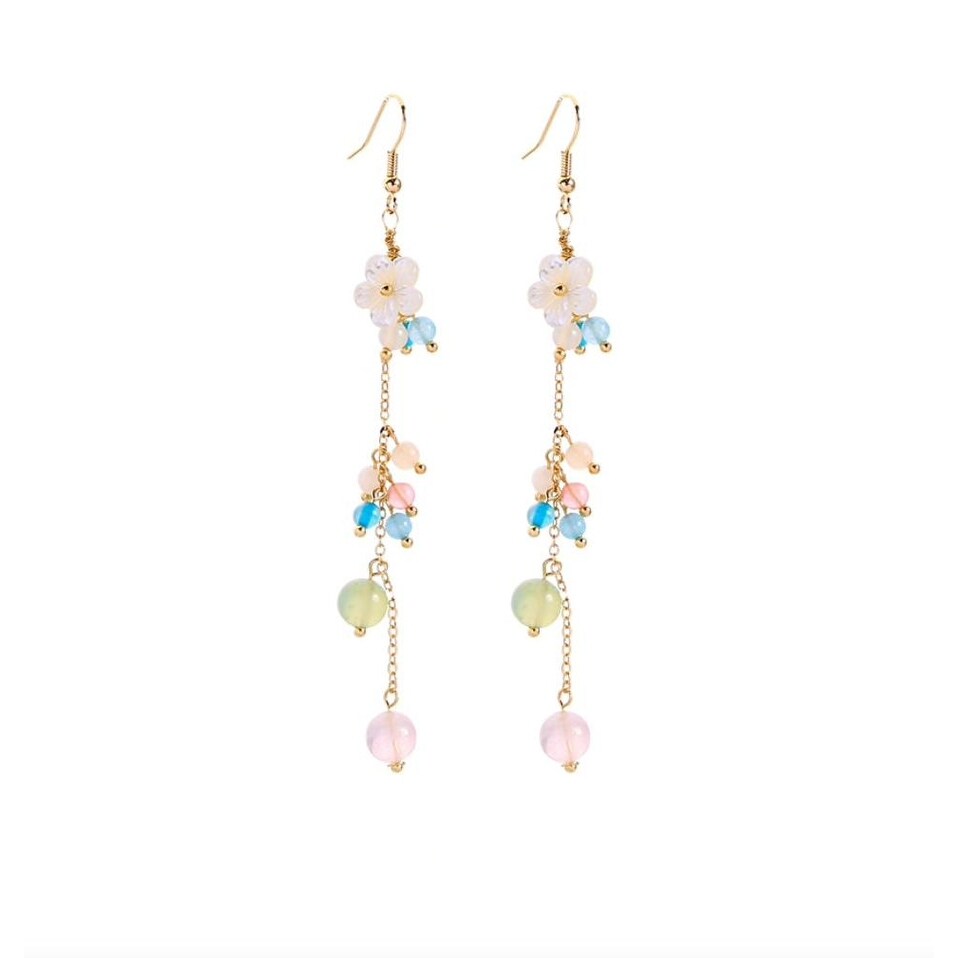 Goldtone White Flower Beaded Chain Drop Earrings