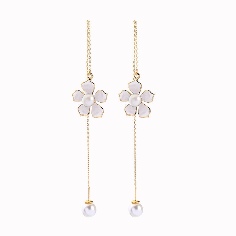 Goldtone White Flower Imitation Pearl Chain Drop Earrings