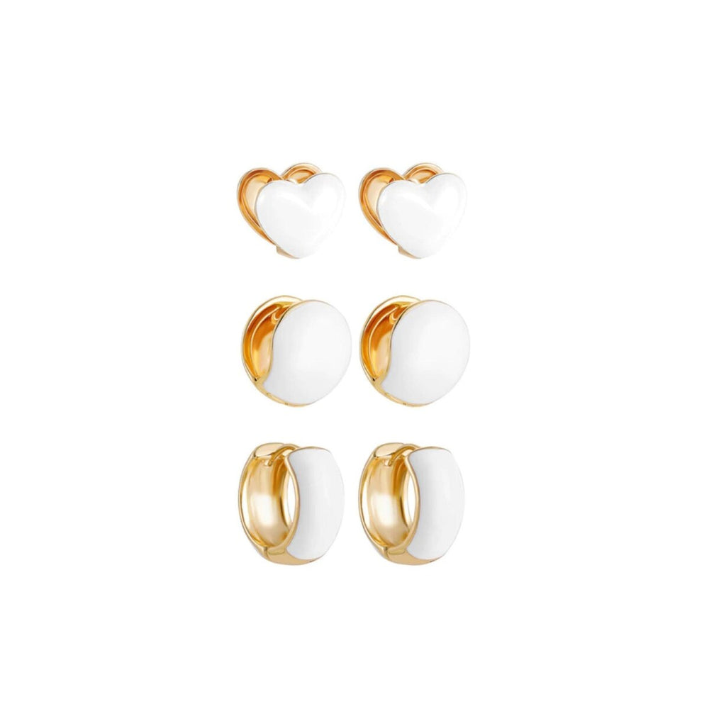 Goldtone White Heart & Circular Set Of 3 Hoop Earrings