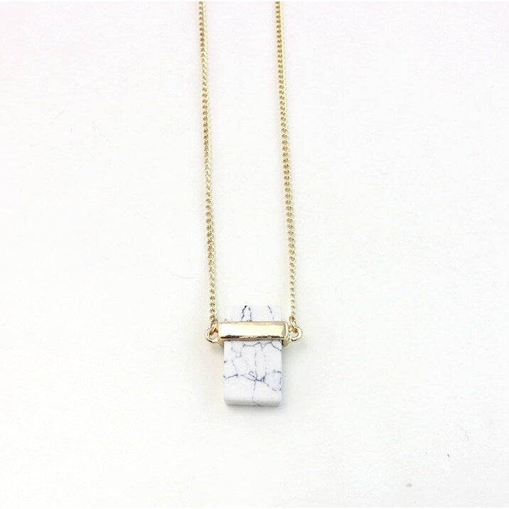 Goldtone White Marbled Rectangular Pendant Necklace