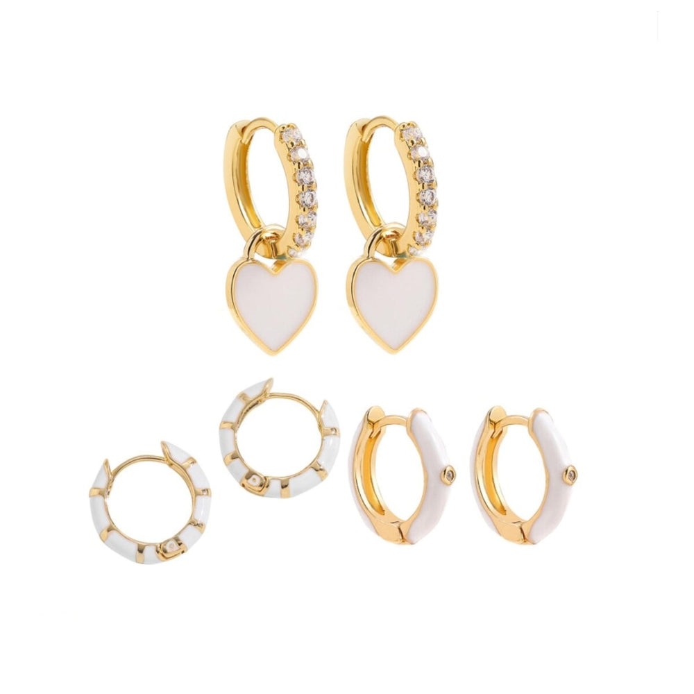 Goldtone White Set Of 3 Earrings With Hoops And Heart