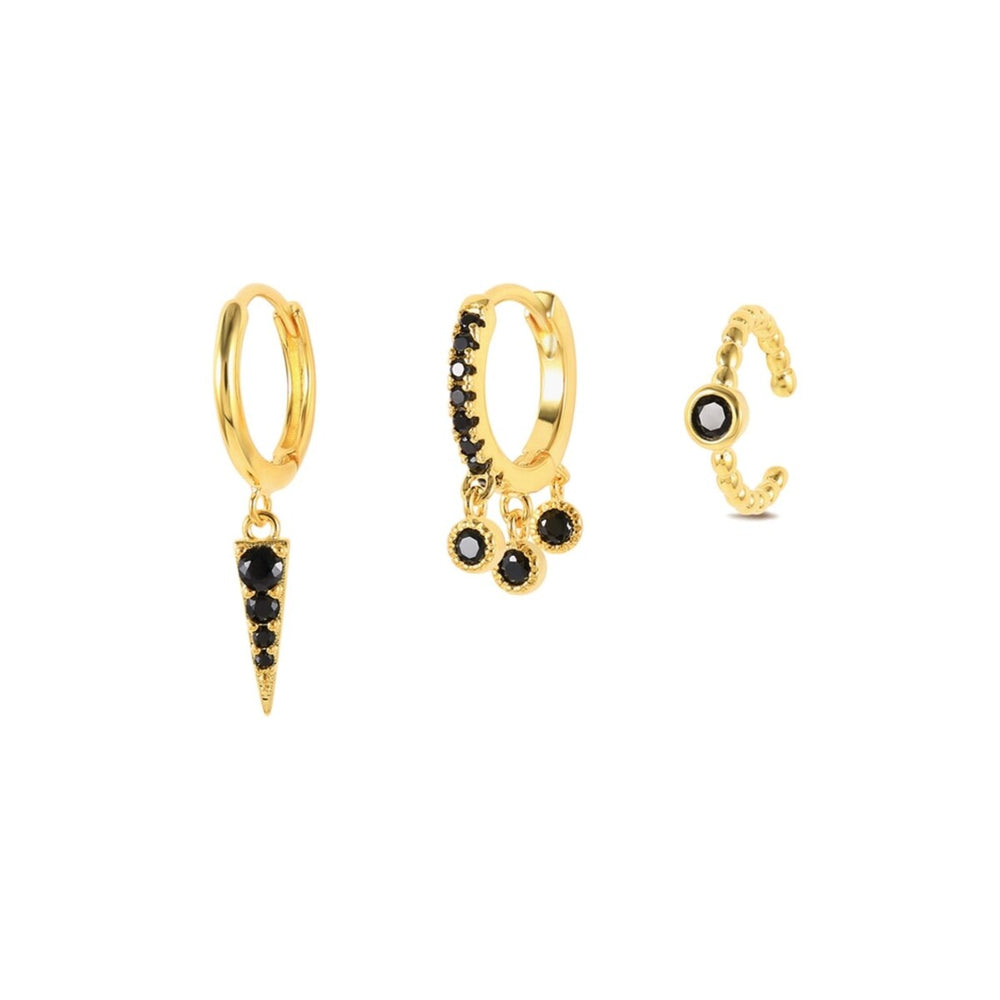 Goldtone & Black Crystal Spike And Hoop Set Of 3 Earrings