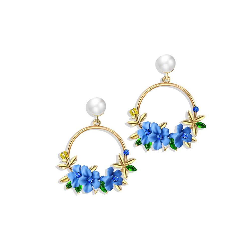 Goldtone & Blue Floral Drop Earrings