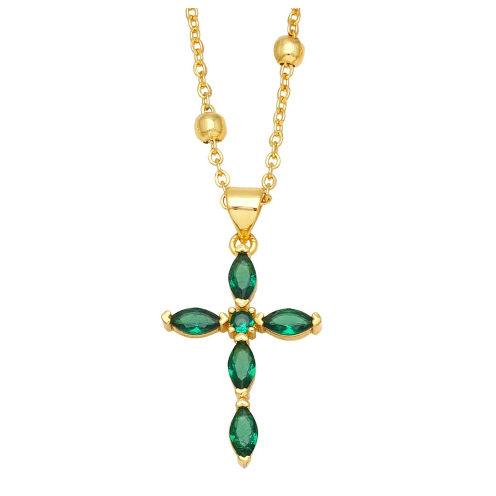 Goldtone & Emerald Green Cz Cross Pendant Necklace - White