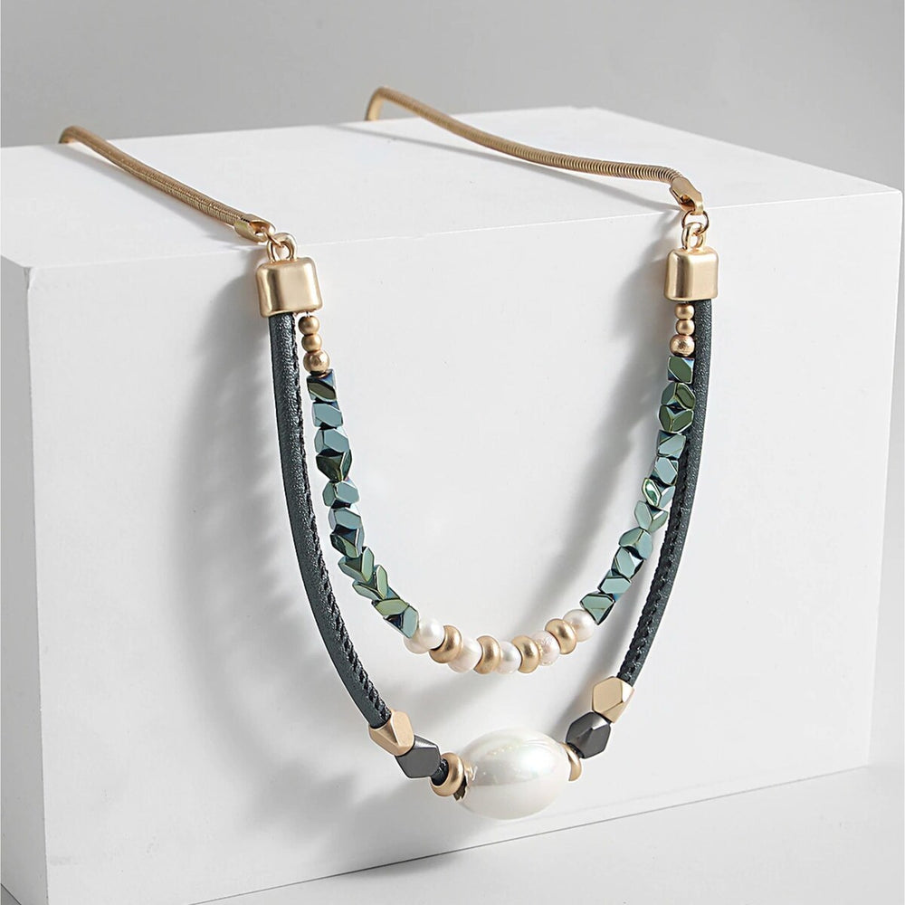 Goldtone & Green Beaded Layered Necklace With Imitation Pearl - White