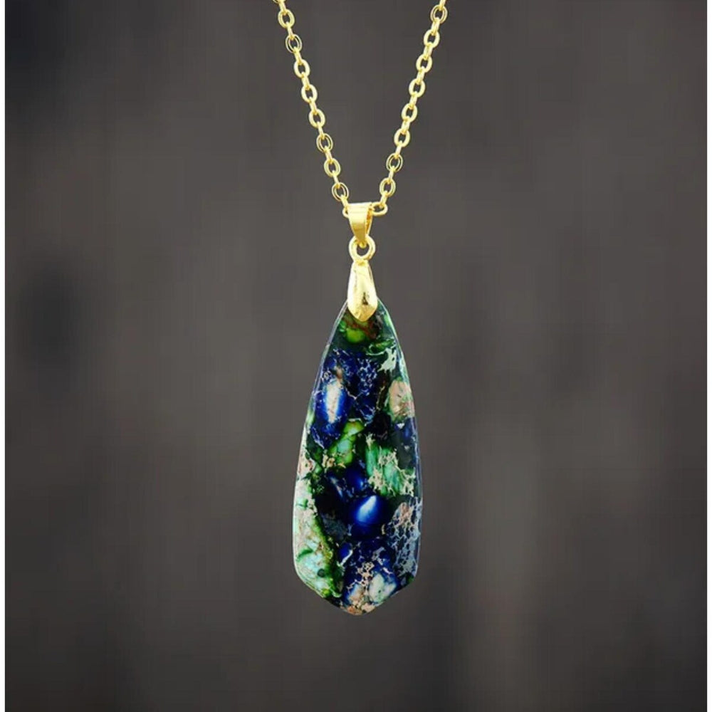 Goldtone & Green Blue Marbled Jasper Long Shield Pendant Necklace - White